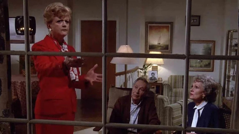 Jessica Fletcher points to a window in "Murder, She Wrote"