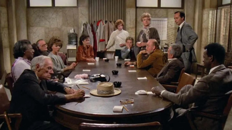 Jessica Fletcher stands in a jury room in "Murder, She Wrote"