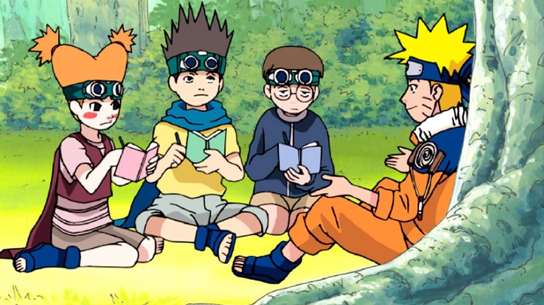 Naruto interviewed by Team Konohamaru under a tree