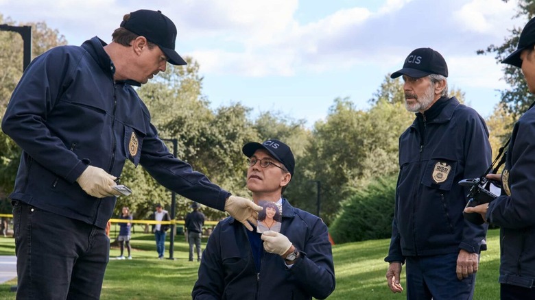 NCIS cast members Sean Murray, Brian Dietzen, Gary Cole, and Katrina Law in a still from NCIS Season 23.