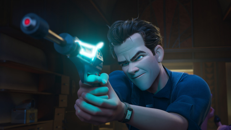 An animated man with swept-back hair points a silver and black ray gun with a golden barrel, an arc of blue light around the chamber, and a red tip.