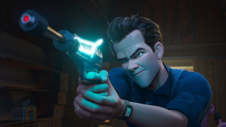 An animated man with swept-back hair points a silver and black ray gun with a golden barrel, an arc of blue light around the chamber, and a red tip.