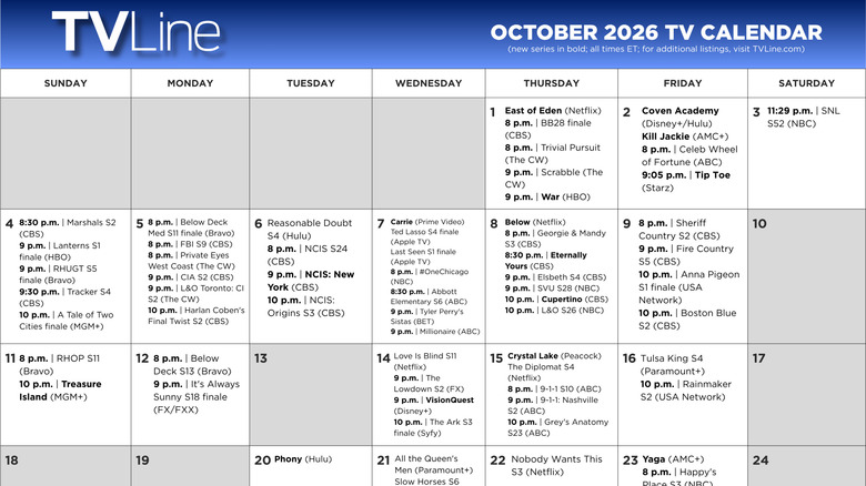 October 2026 TV Premieres & Finales Calendar
