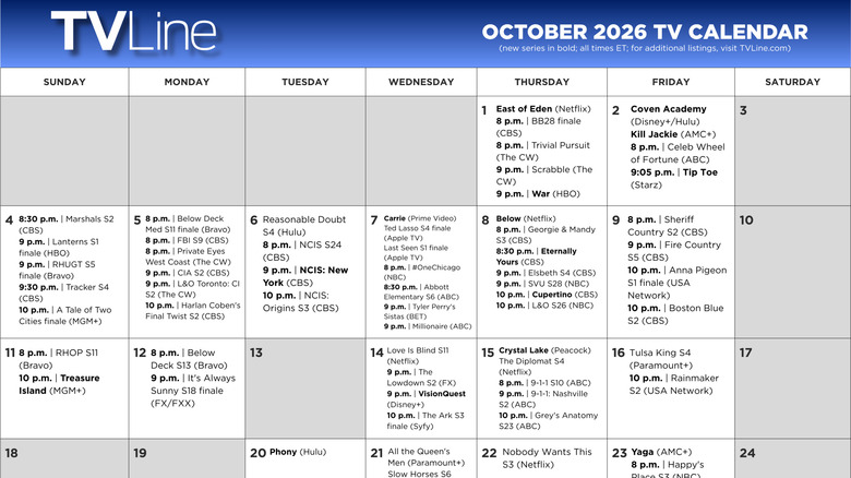 October 2026 TV Premieres & Finales Calendar