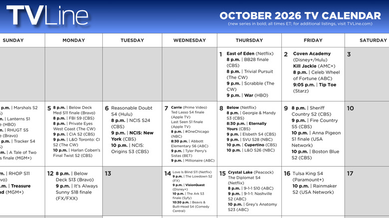 October 2026 TV Premieres & Finales Calendar