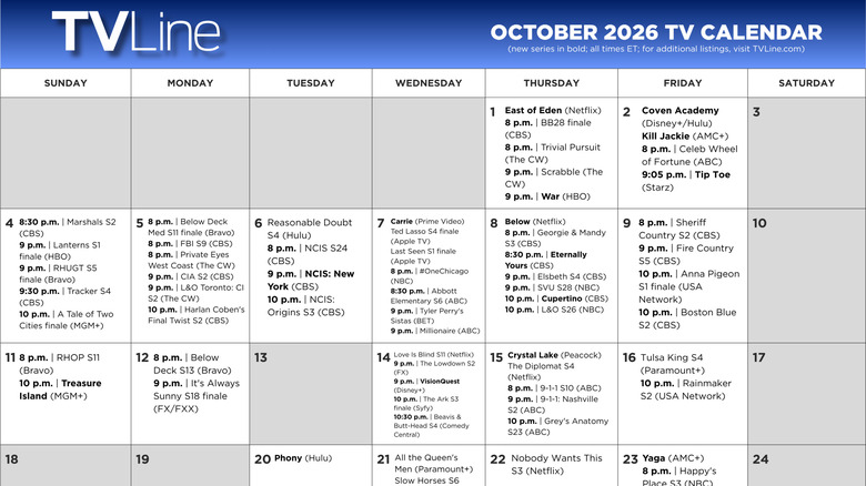 October 2026 TV Premieres & Finales Calendar