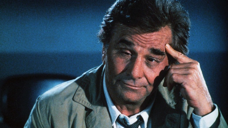 Peter Falk as older Lt. Columbo looking skeptical