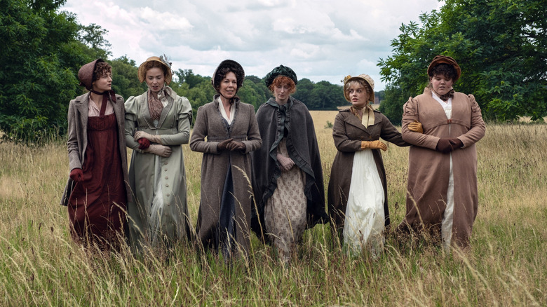 Elizabeth, Jane, Mrs. Bennet, Mary, Kitty and one other woman in Pride and Prejudice