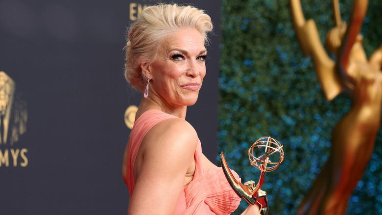Hannah Waddingham posing with her award in the press room during the 73rd Primetime Emmy Awards at L.A. LIVE on September 19, 2021 in Los Angeles, California.
