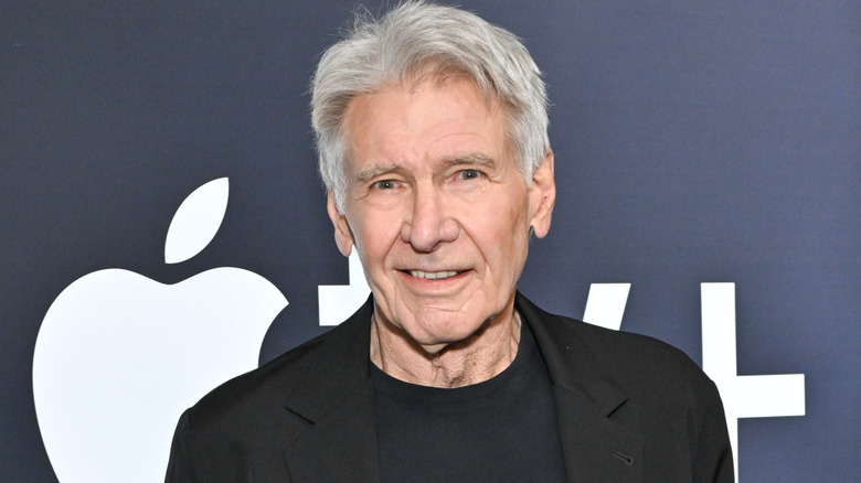 Harrison Ford with gray hair wearing a black blazer and t-shirt.