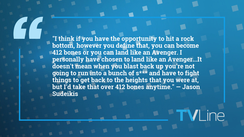 A blue image showing white text that says: "I think if you have the opportunity to hit a rock bottom, however you define that, you can become 412 bones or you can land like an Avenger. I personally have chosen to land like an Avenger...It doesn't mean when you blast back up you're not going to run into a bunch of s*** and have to fight things to get back to the heights that you were at, but I'd take that over 412 bones anytime." — Jason Sudeikis. The TVLine logo is in the bottom right.