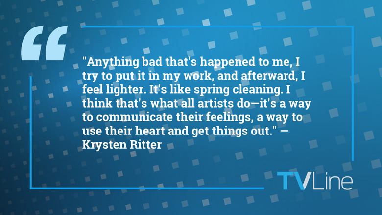 A blue image with a quote in white text that reads: ""Anything bad that's happened to me, I try to put it in my work, and afterward, I feel lighter. It's like spring cleaning. I think that's what all artists do—it's a way to communicate their feelings, a way to use their heart and get things out." — Krysten Ritter. The TVLine logo is in the bottom right of the image.