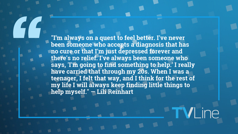 A quote by Lili Reinhart that reads: "I'm always on a quest to feel better. I've never been someone who accepts a diagnosis that has no cure or that I'm just depressed forever and there's no relief. I've always been someone who says, 'I'm going to find something to help.' I really have carried that through my 20s. When I was a teenager, I felt that way, and I think for the rest of my life I will always keep finding little things to help myself."