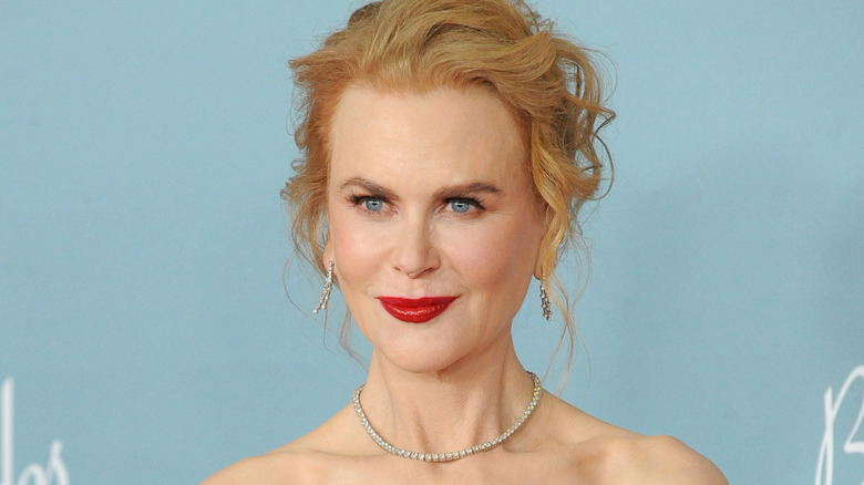 Nicole Kidman with a red lip and her hair up at the Los Angeles premiere of Amazon Studios' 'Being The Ricardos' held at the AMPAS in Los Angeles, USA on December 6, 2021.