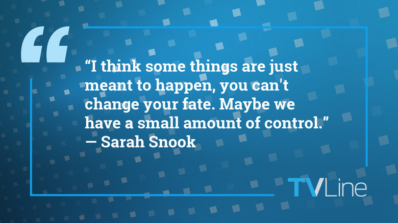 A blue image with text that reads: "I think some things are just meant to happen, you can't change your fate. Maybe we have a small amount of control." — Sarah Snook. The TVLine logo is in the bottom right of the image.