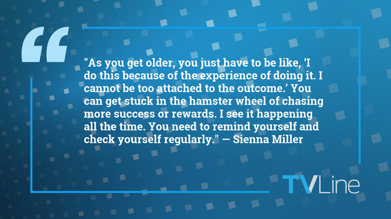 A quote by Sienna Miller that reads: "As you get older, you just have to be like, 'I do this because of the experience of doing it. I cannot be too attached to the outcome.' You can get stuck in the hamster wheel of chasing more success or rewards. I see it happening all the time. You need to remind yourself and check yourself regularly."