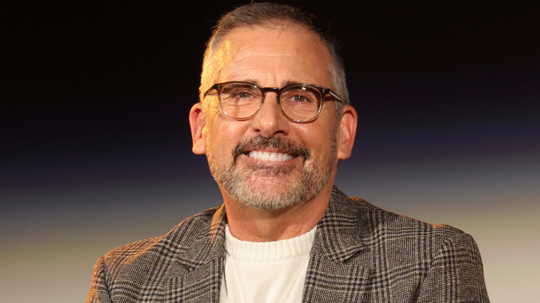 Steve Carell with short graying hair and a beard wearing glasses with a gray checked blazer and a white sweater.