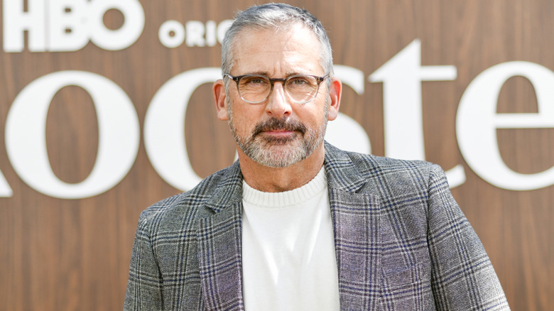 Steve Carell with short graying hair and a beard wearing glasses with a gray checked blazer and a white sweater. The white logo for HBO's Rooster is on a brown wall behind him