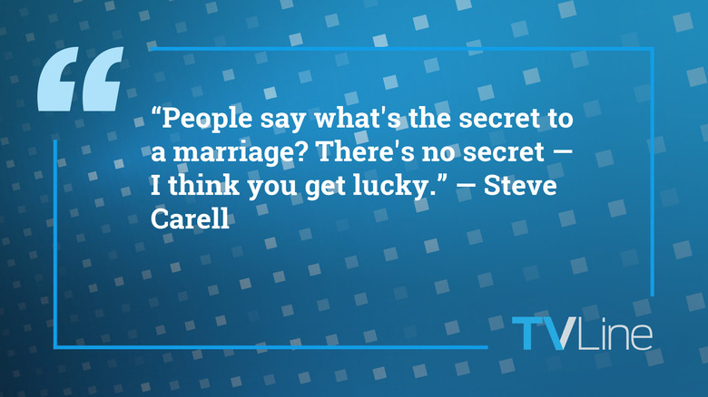 A blue image with white text that reads: "People say what's the secret to a marriage? There's no secret — I think you get lucky." — Steve Carell. The TVLine logo is in the bottom right.