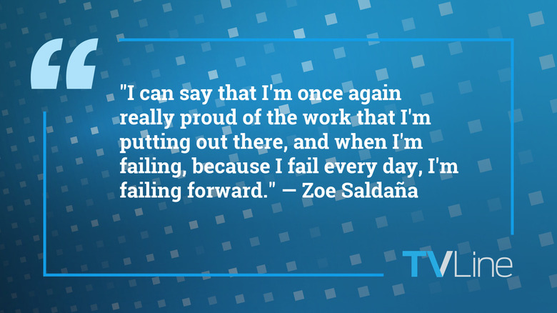 A quote from Zoe Saldaña during the 2024 Los Angeles Times Actress Roundtable that says: "You should never let anybody tell you that your age should limit you from actually feeling and doing whatever you think you need to do in the world."