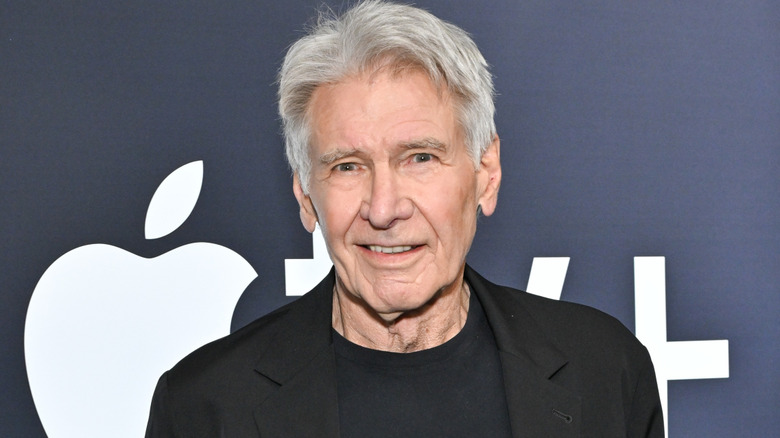 Harrison Ford with gray hair wearing a black blazer and t-shirt.