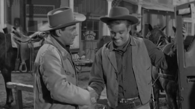 Bart Maverick shakes hands with Jimmy Coleman on "Maverick" (1957)