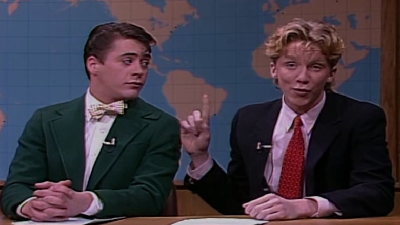 Anthony Michael Hall and Robert Downey Jr. appear on Weekend Update on "Saturday Night Live"