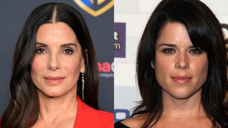 Sandra Bullock and Neve Campbell in a split image