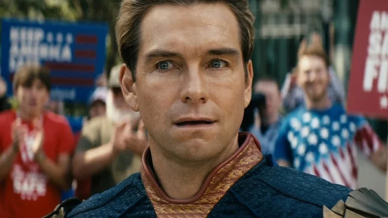 Antony Starr's Homelander with a confused look on his face on Gen V
