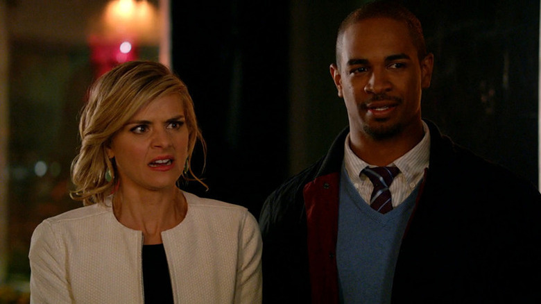 Jane Kerkovich-Williams stands incredulously next to Brad Williams in Happy Endings