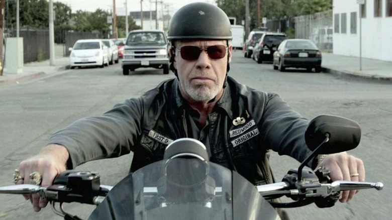Ron Perlman as Clay Morrow, riding a motorcycle in Sons of Anarchy.