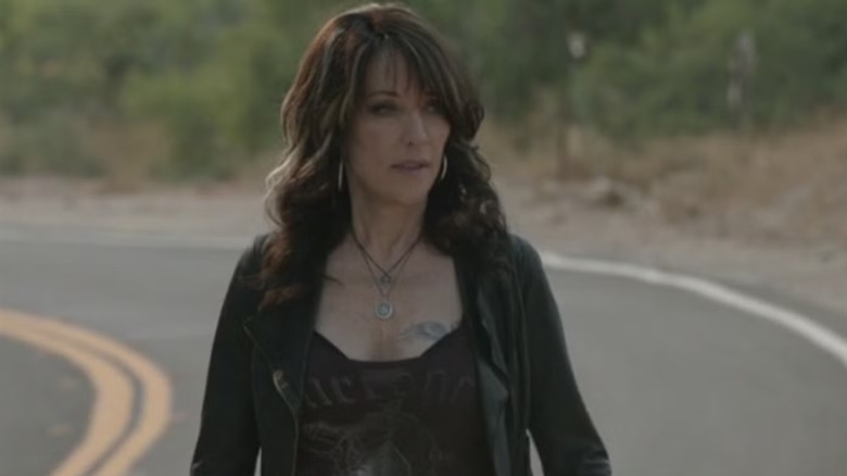 Katey Sagal as Gemma Teller Morrow, walking down the highway in Sons of Anarchy.