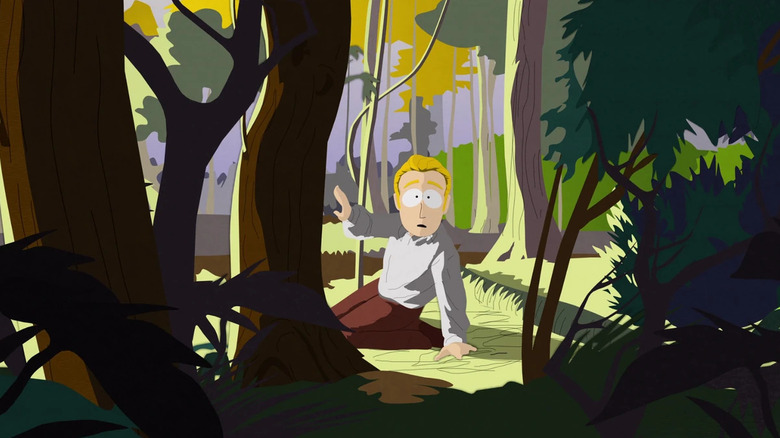 Joseph Smith in forest, seated with hand up