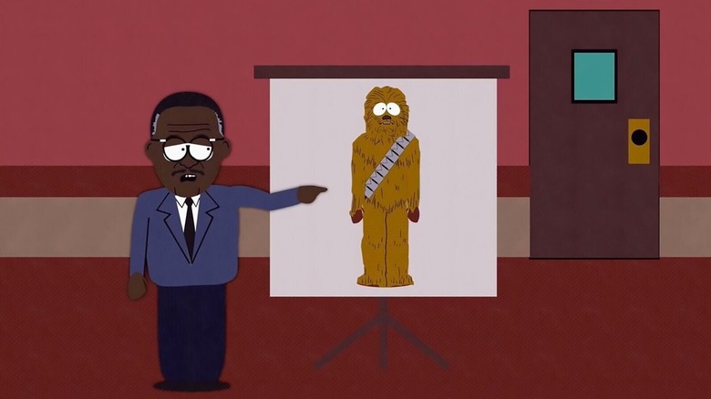 Johnnie Cochran pointing to a 'Chewbacca Defense' presentation