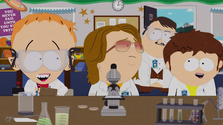 Jimmy, Timmy, Nathan, and Mimsy conducting a science experiment on South Park
