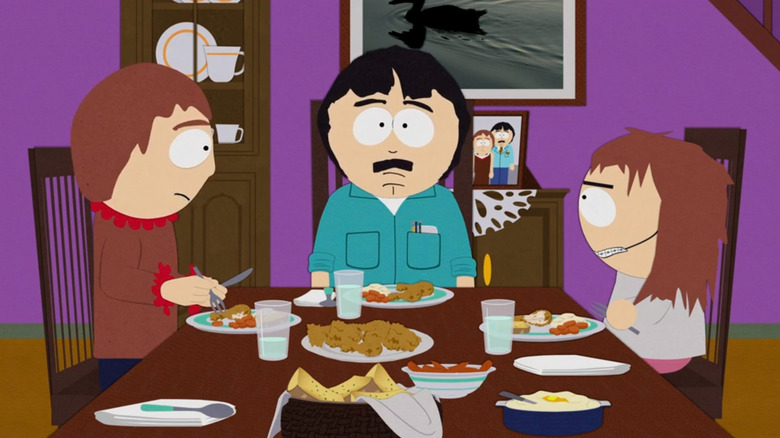 Randy, Sharon, and Shelley at the dinner table on South Park