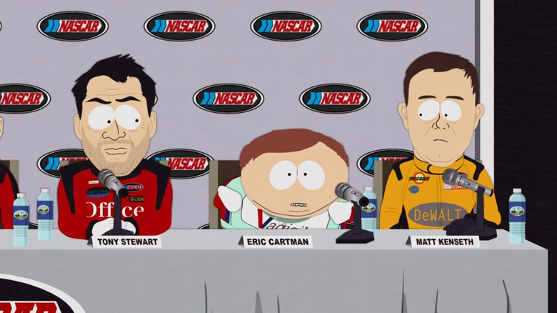Eric Cartman talking at a NASCAR press conference on South Park