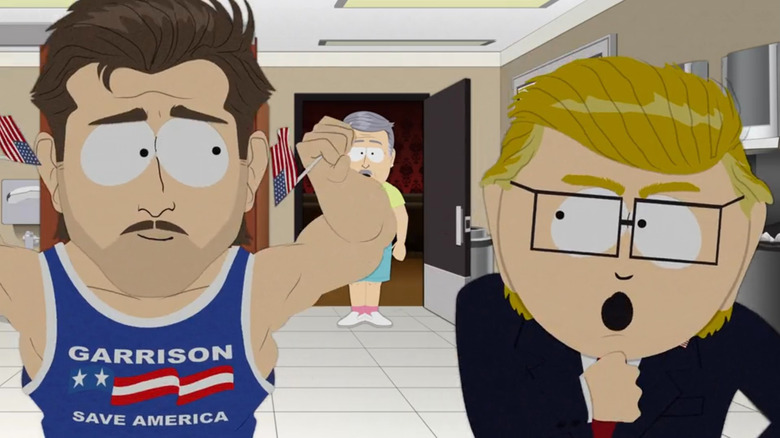 Mr. Garrison as Donald Trump dancing with a MAGA supporter on South Park