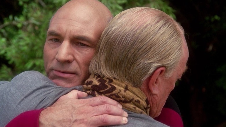 Picard (Patrick Stewart) hugging Robert (Jeremy Kemp) on "Star Trek: The Next Generation."