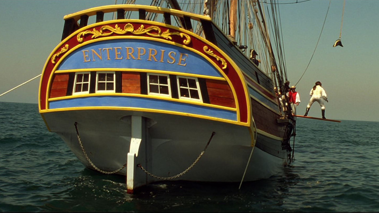 Worf walks the plank on the holodeck based sailing ship Enterprise, in Star Trek Generations.