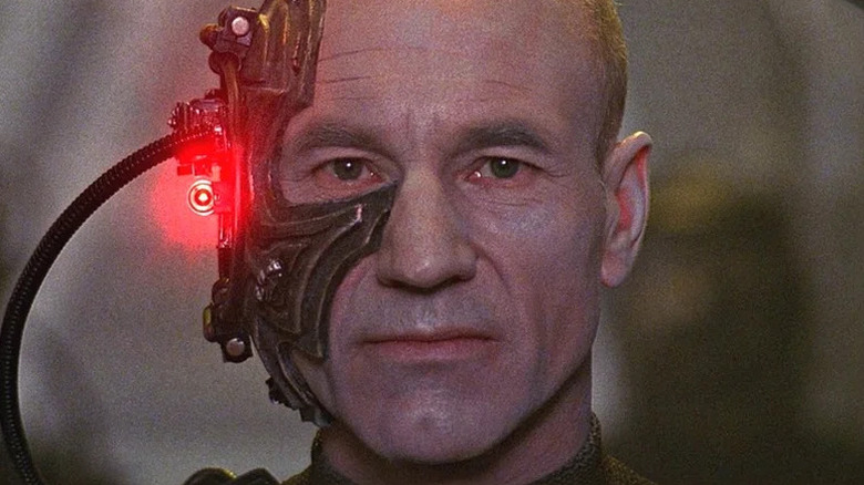 An assimilated Jean-Luc Picard (Patrick Stewart) stares straight ahead in Star Trek: The Next Generation