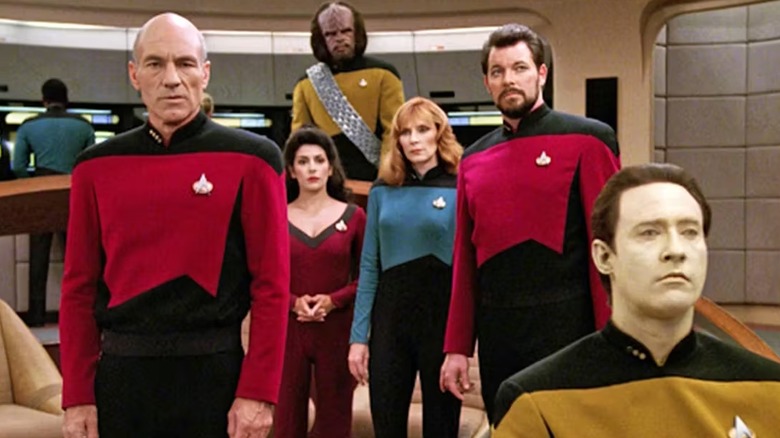 The crew of the Enterprise-D on the bridge