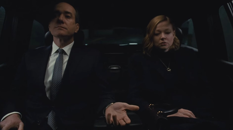 Matthew Macfadyen and Sarah Snook as Tom Wambsgans and Shiv Roy, sharing a car together in silence on Succession