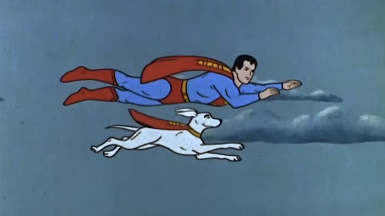 An old animation of Superman and Krypto the Superdog flying through the sky.