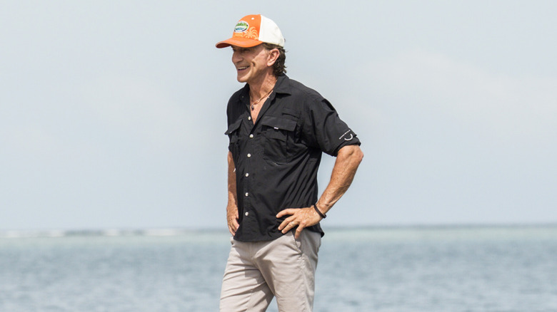 Jeff Probst greets the contestants of Survivor 49