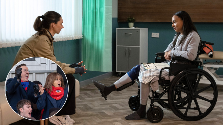 Tanya Reynolds as Alice, Abbie Hern as Gemma, Jeremy Swift as Higgins, and Tracey Ullman as Zelda in Ted Lasso Season 4, Episode 8