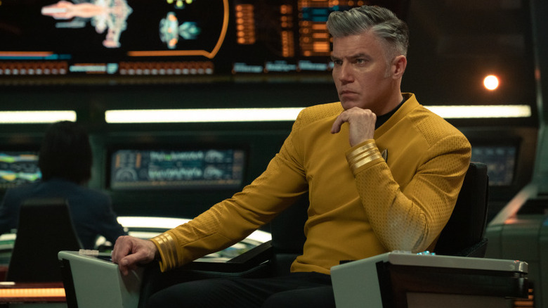 Anson Mount as Pike in the Captain's chair on Star Trek: Strange New Worlds