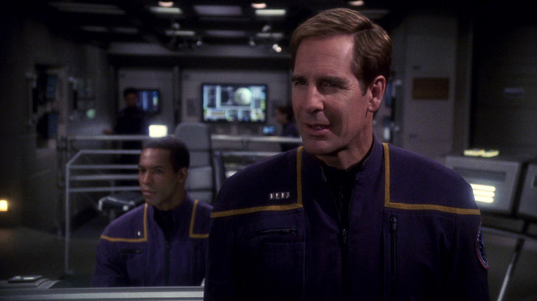 Scott Bakula as Captain Archer confronts an alien threat on Star Trek: Enterprise