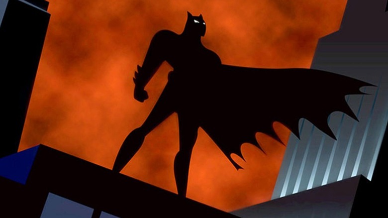 Batman strikes a pose in the opening credits of Batman: The Animated Series