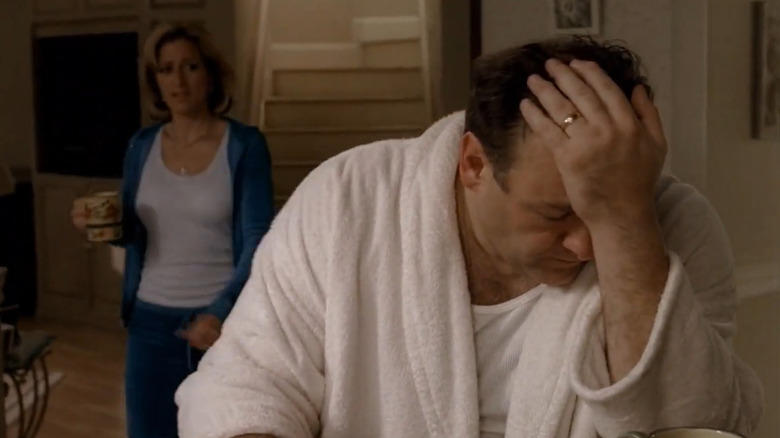 Edie Falco and James Gandolfini as Carmela and Tony Soprano, having a tense conversation in the kitchen on The Sopranos